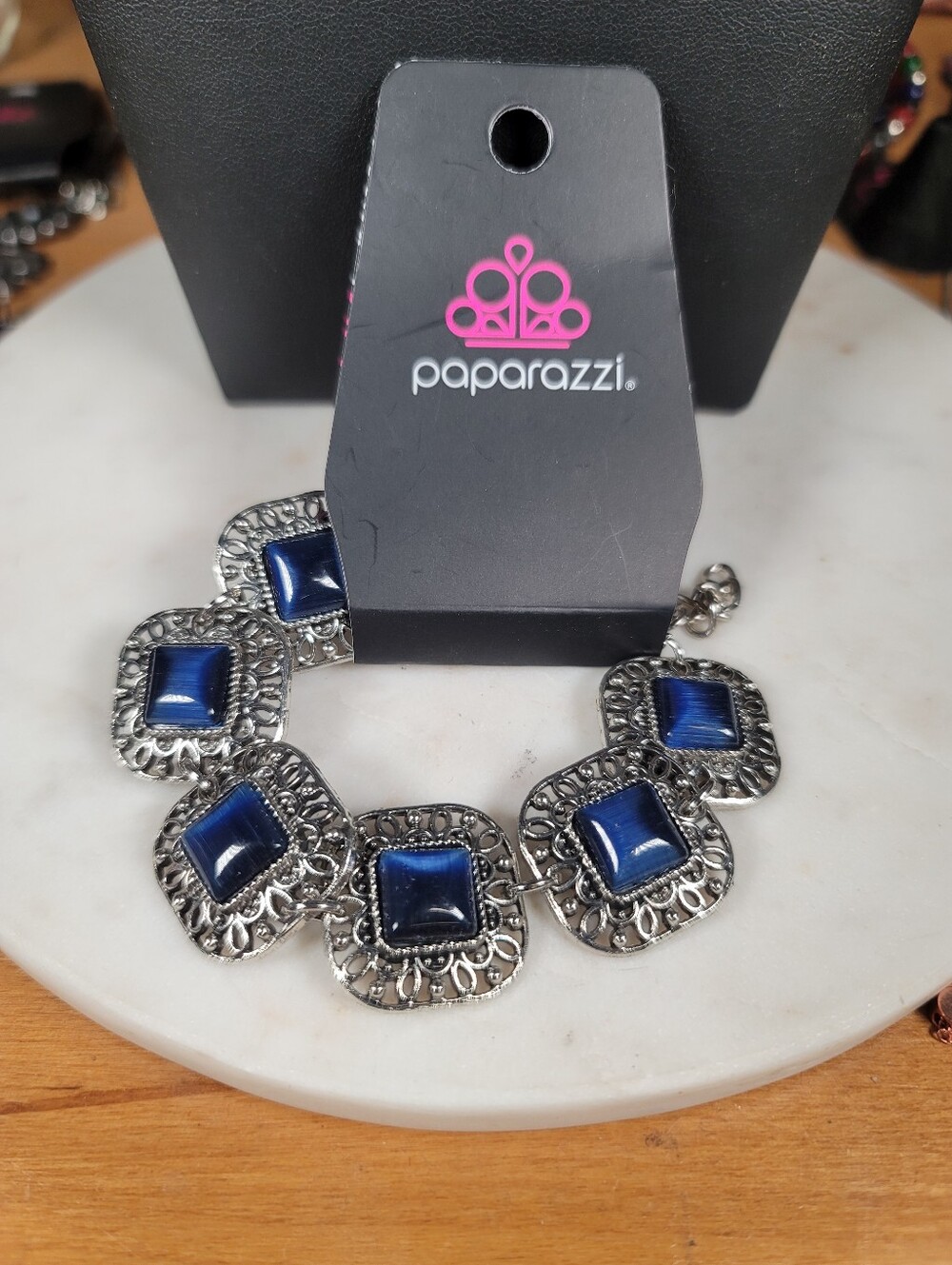 paparazzi Silver-Tone Bracelet with Deep Blue Square Cat's Eye Cabochons